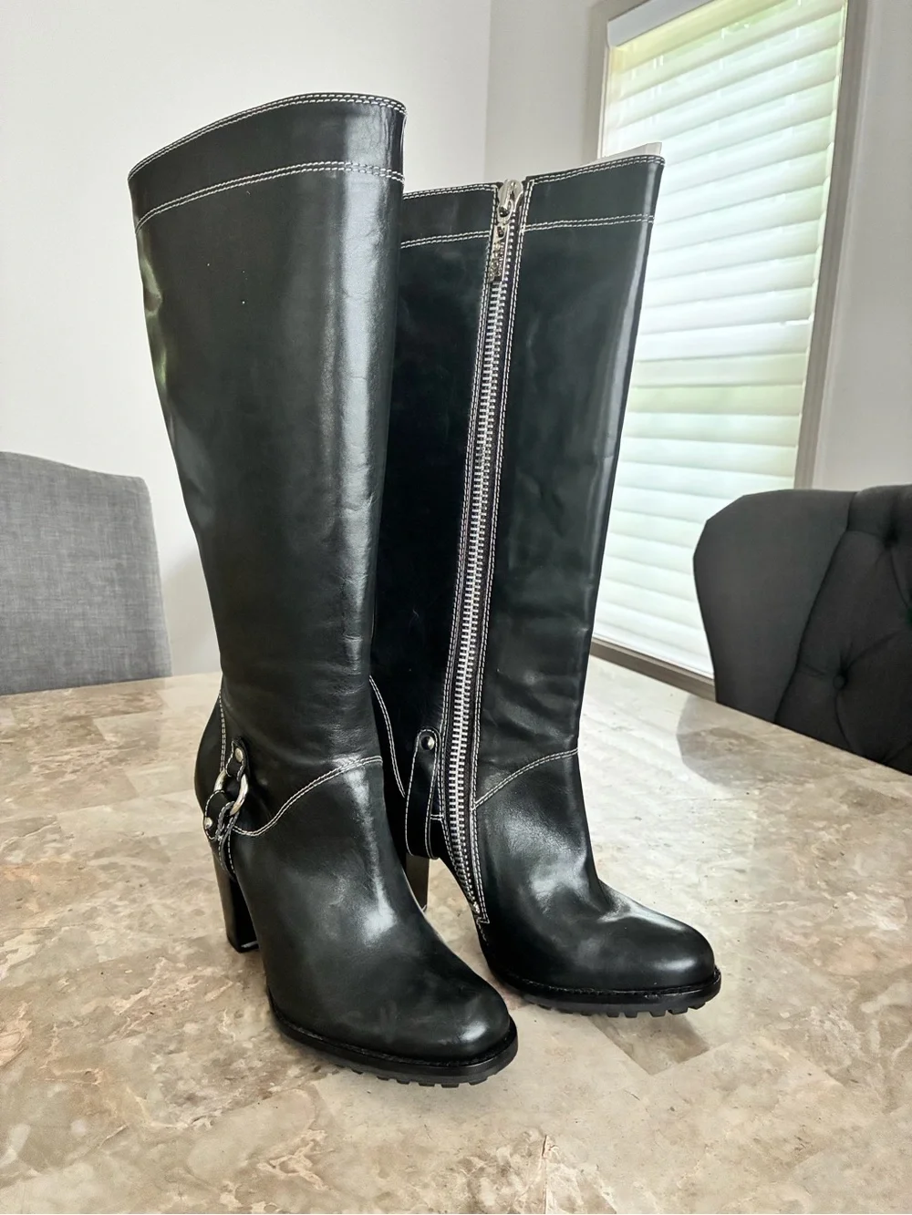 Michael Kors Black Leather Tall Heeled Riding Boots with Silver Accent